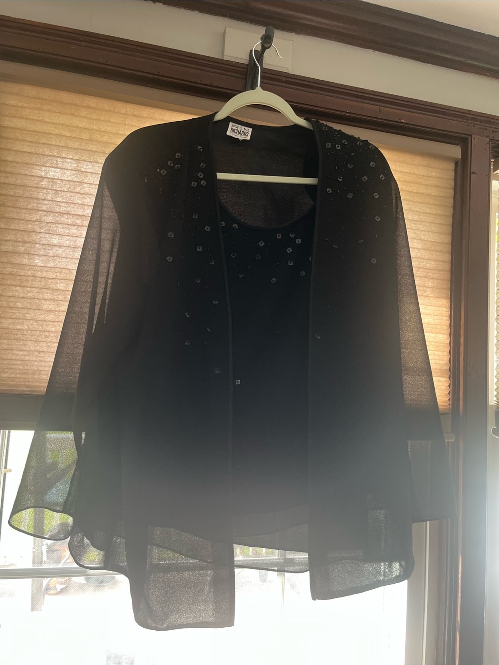 R&M Richards Black Sheer Beaded Open-Front Jacket